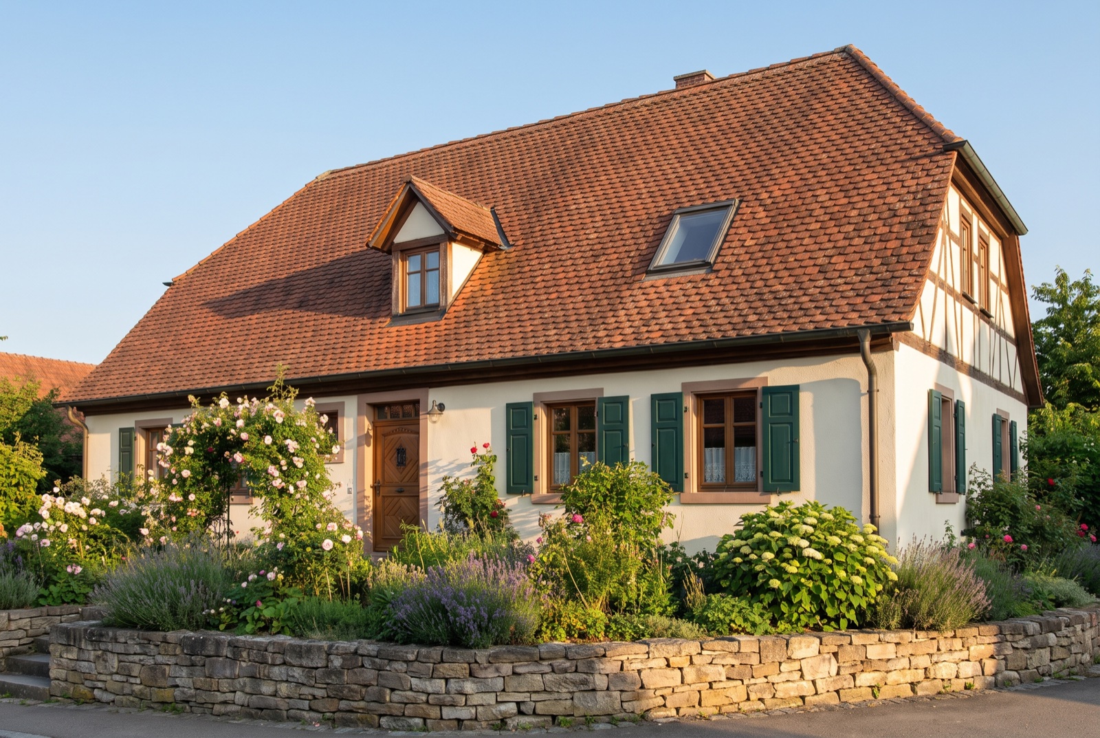 Dasselbe Landhaus mit verwittertem rotbraunem Biberschwanzdach